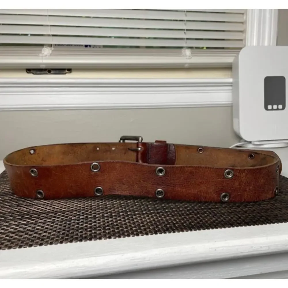 American Eagle Brown Leather Belt Wide 2 Prong Rustic Western Silver Buckle Lrge